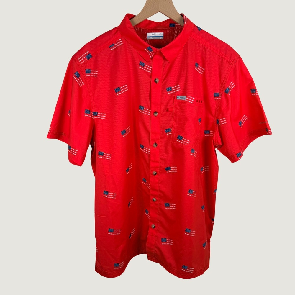 Columbia PFG Mens Large Red American Flag Tamiami II Short Sleeve Fishing Shirt